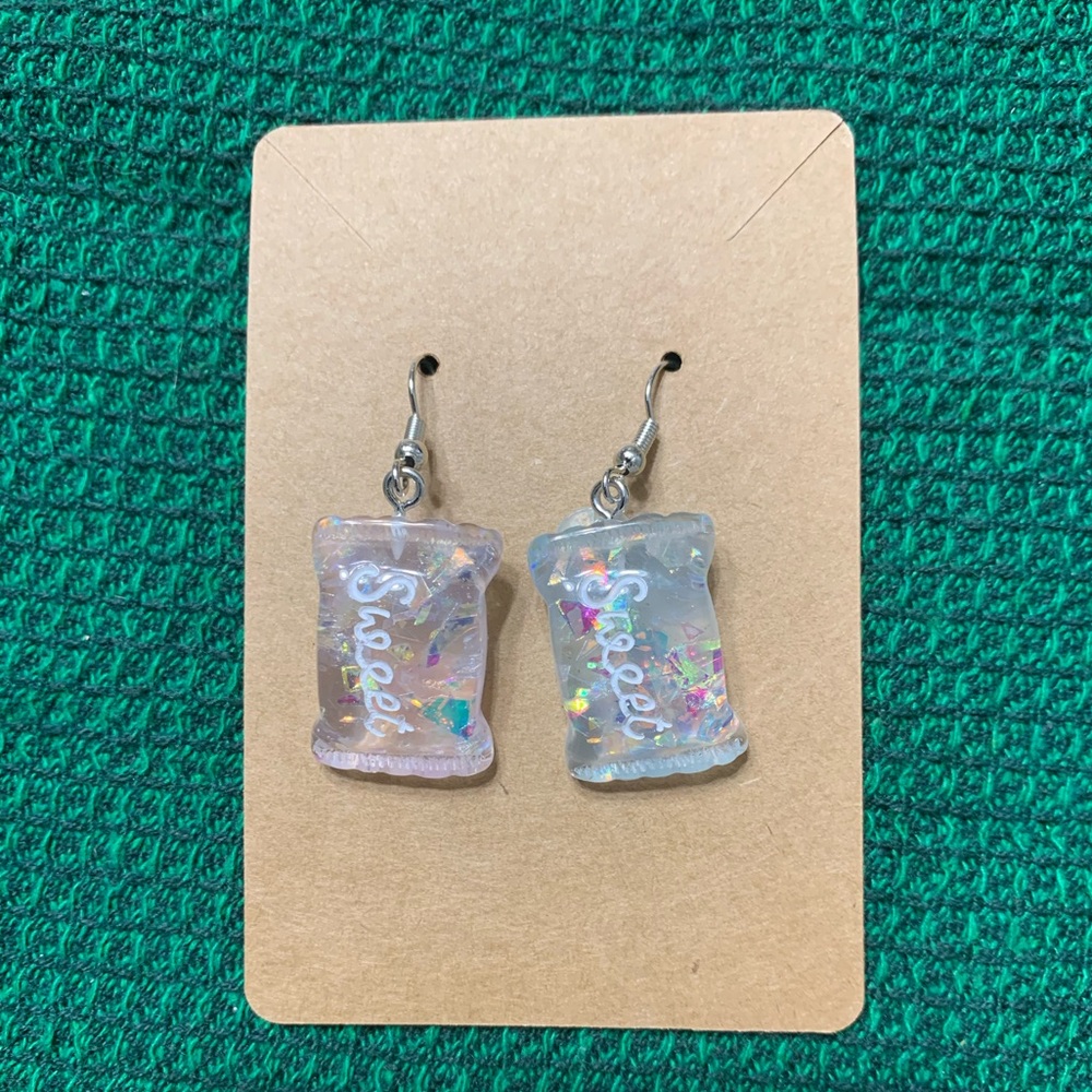Silver & blue candy bag earrings